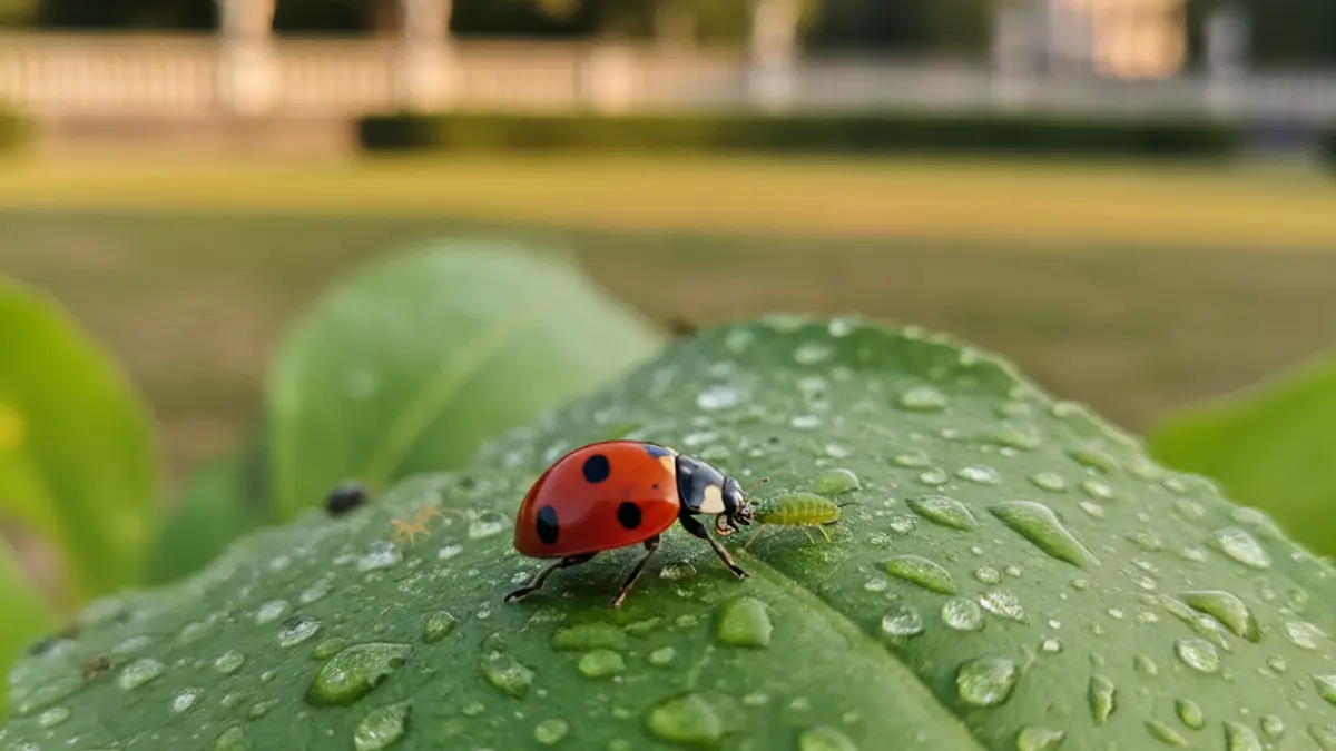 Generic image of a ladybug on a green leaf, symbolizing biological pest control in parks and gardens.