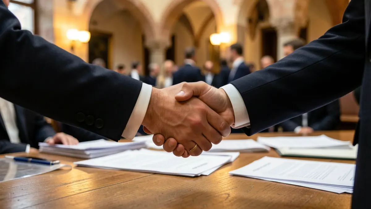 Generic image of two people shaking hands over a desk.