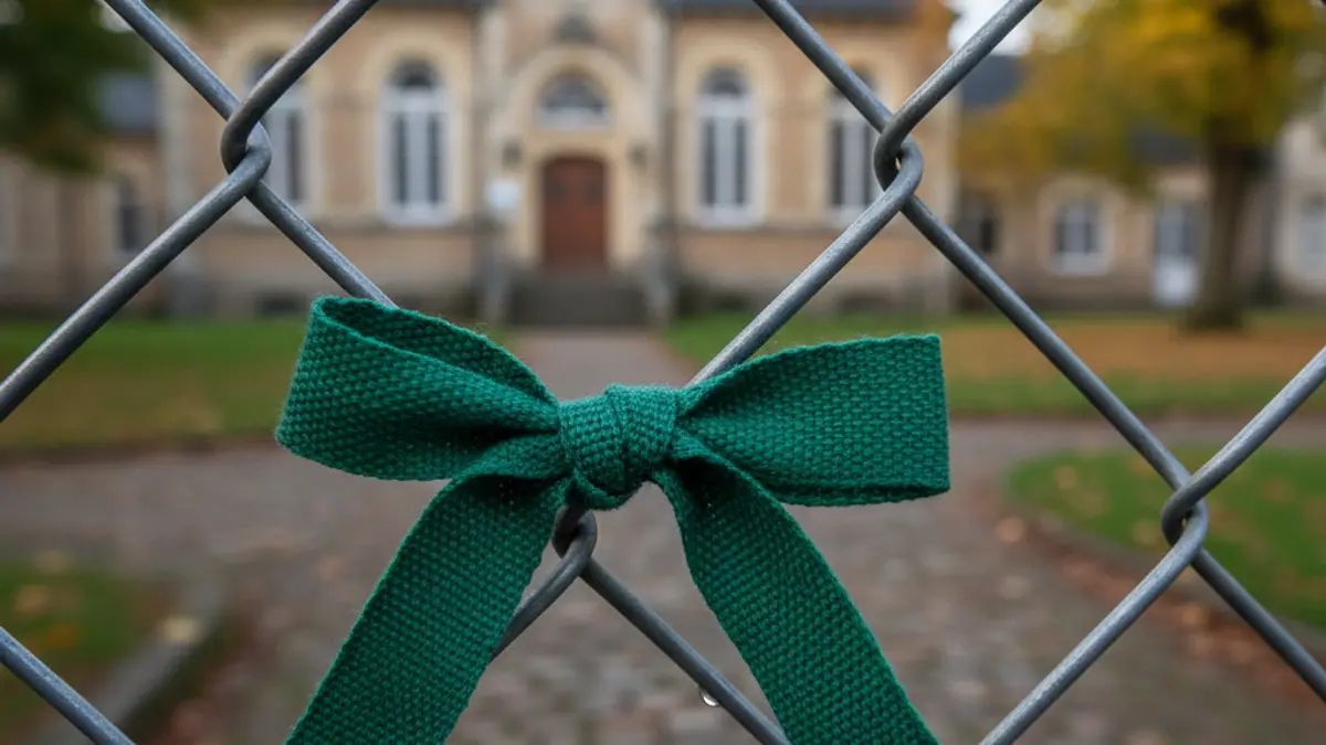 Imatge genèrica d'una cinta verda de protesta lligada a una tanca escolar, simbolitzant una vaga educativa.