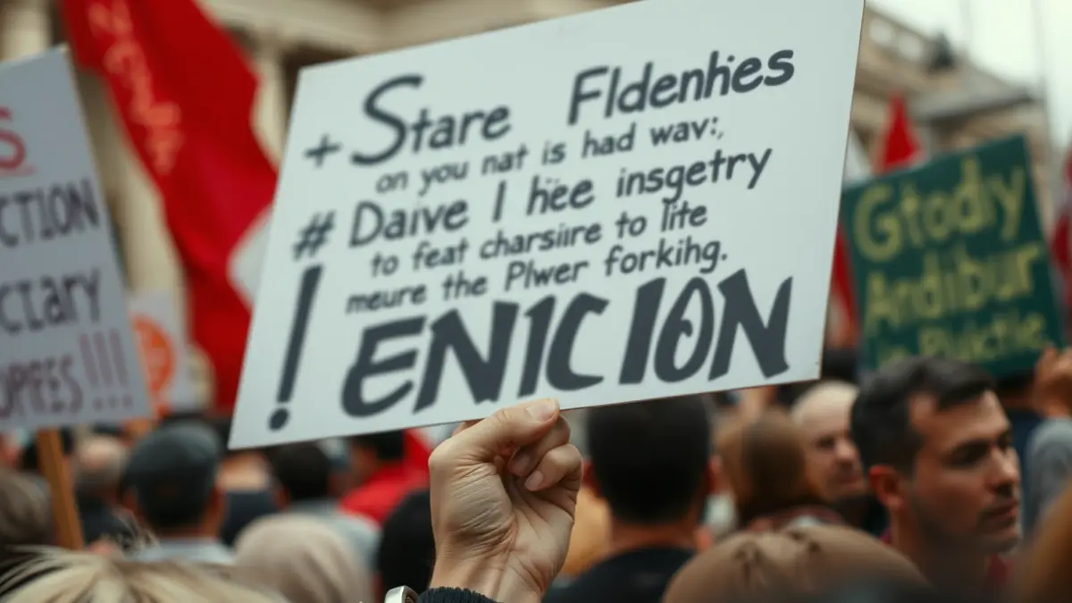 Imagen genérica de una mano sosteniendo un cartel de protesta en medio de una multitud.