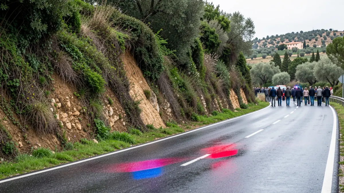 Imagen genérica de luces de emergencia reflejándose en asfalto mojado junto a un terraplén.