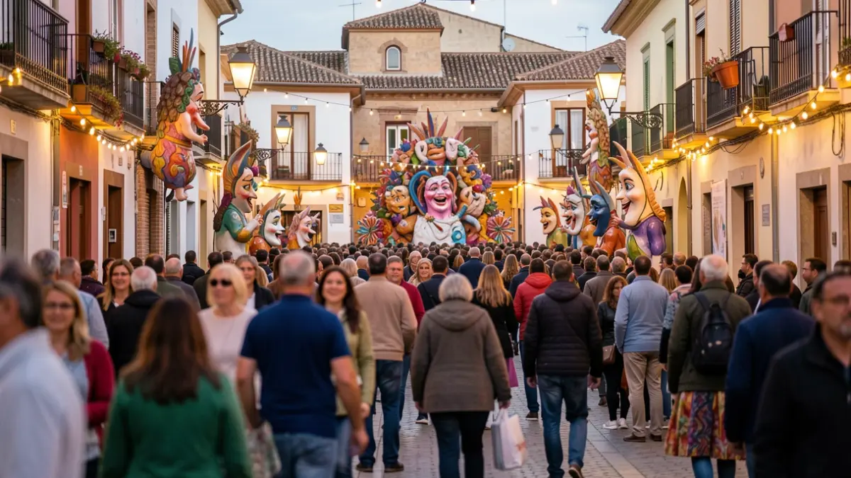Generic image of a street in Valencia during Fallas, with people and festive lights.
