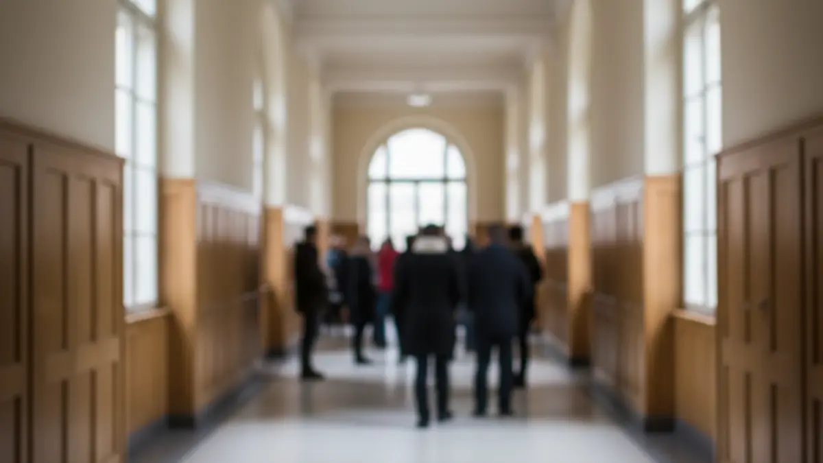 Generic image of a high school hallway with closed classroom doors, suggesting inactivity.