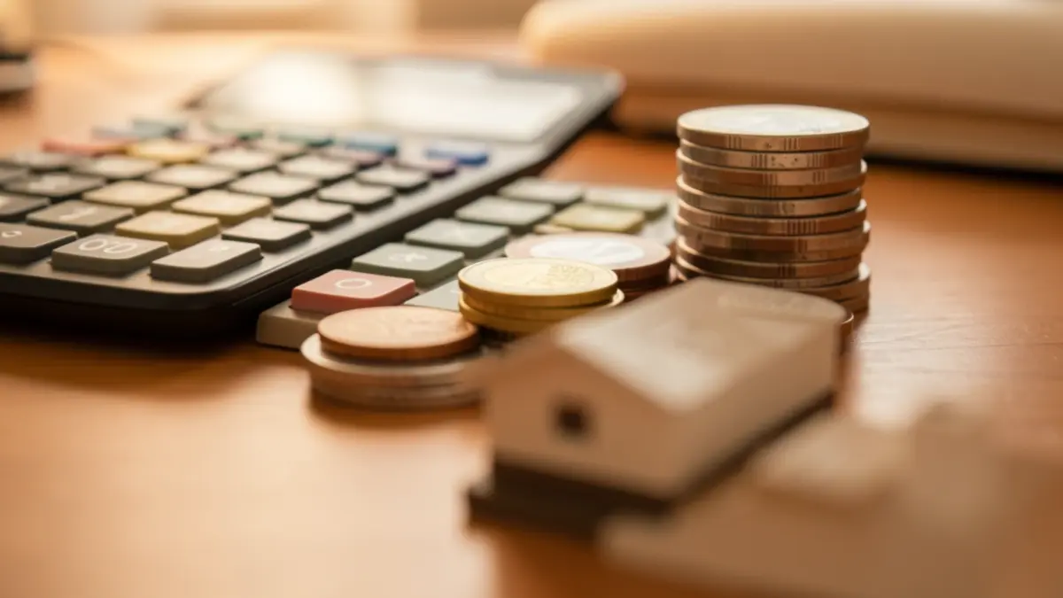 Generic image of a calculator and euro coins on a wooden table, with a house key in the foreground.