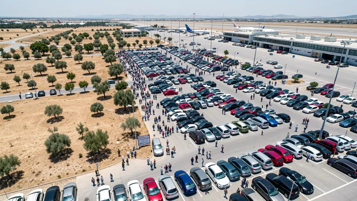 Aerial view of a large vehicle parking area near the Elche airport.