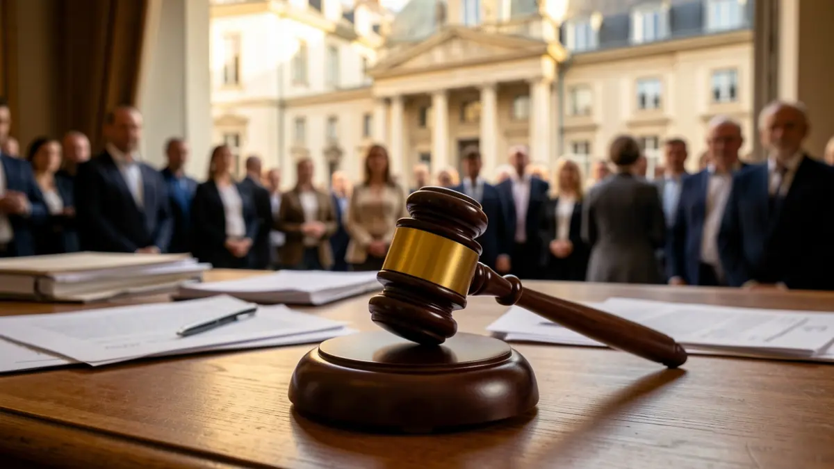 Generic image of a judge's gavel on a desk with documents and a city hall facade in the background.