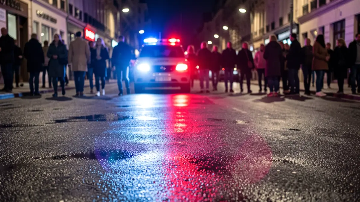 Imatge genèrica de llums d'emergència policials reflectint-se en asfalt mullat.