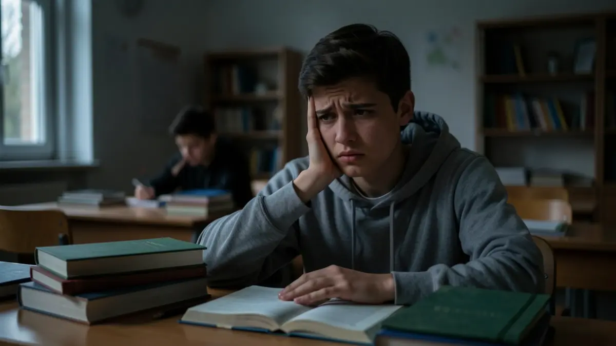 Imatge genèrica d'un estudiant amb llibres abans d'un examen.