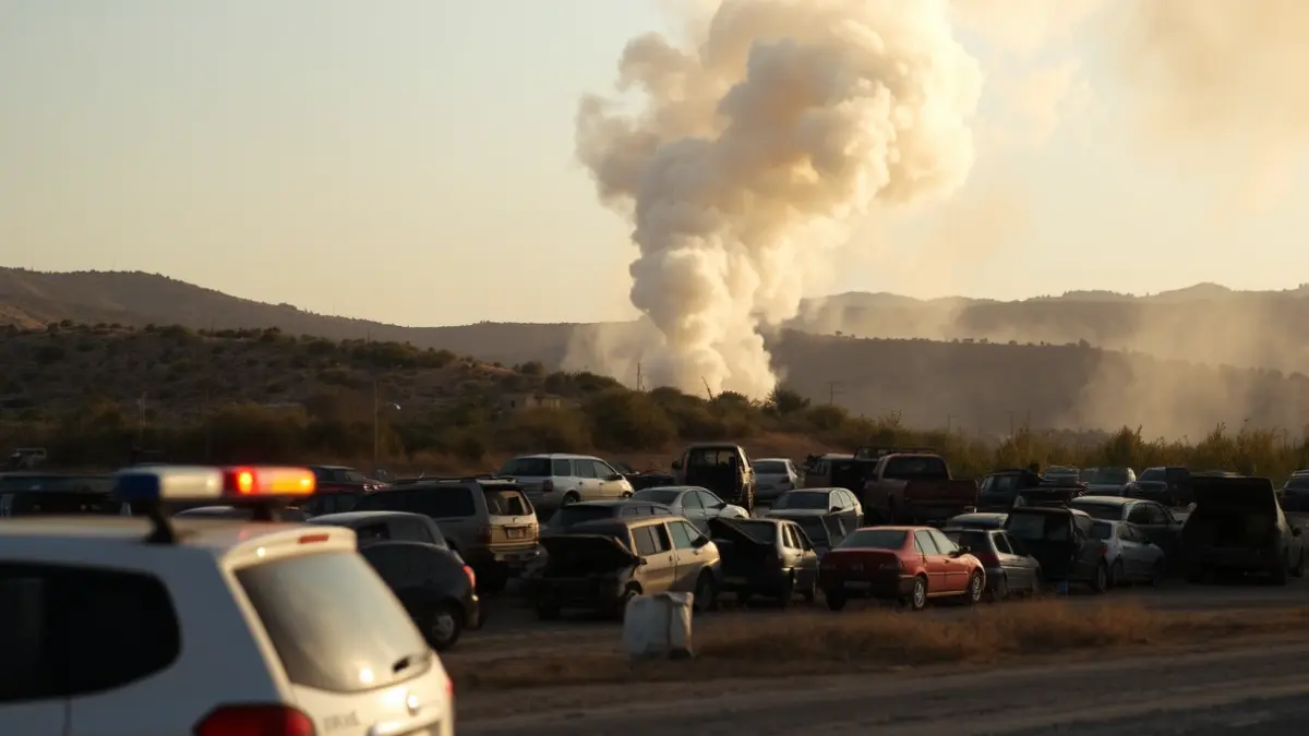 Imagen de una gran columna de humo saliendo de un desguace con vehículos abandonados, con luces de emergencia borrosas en primer plano.