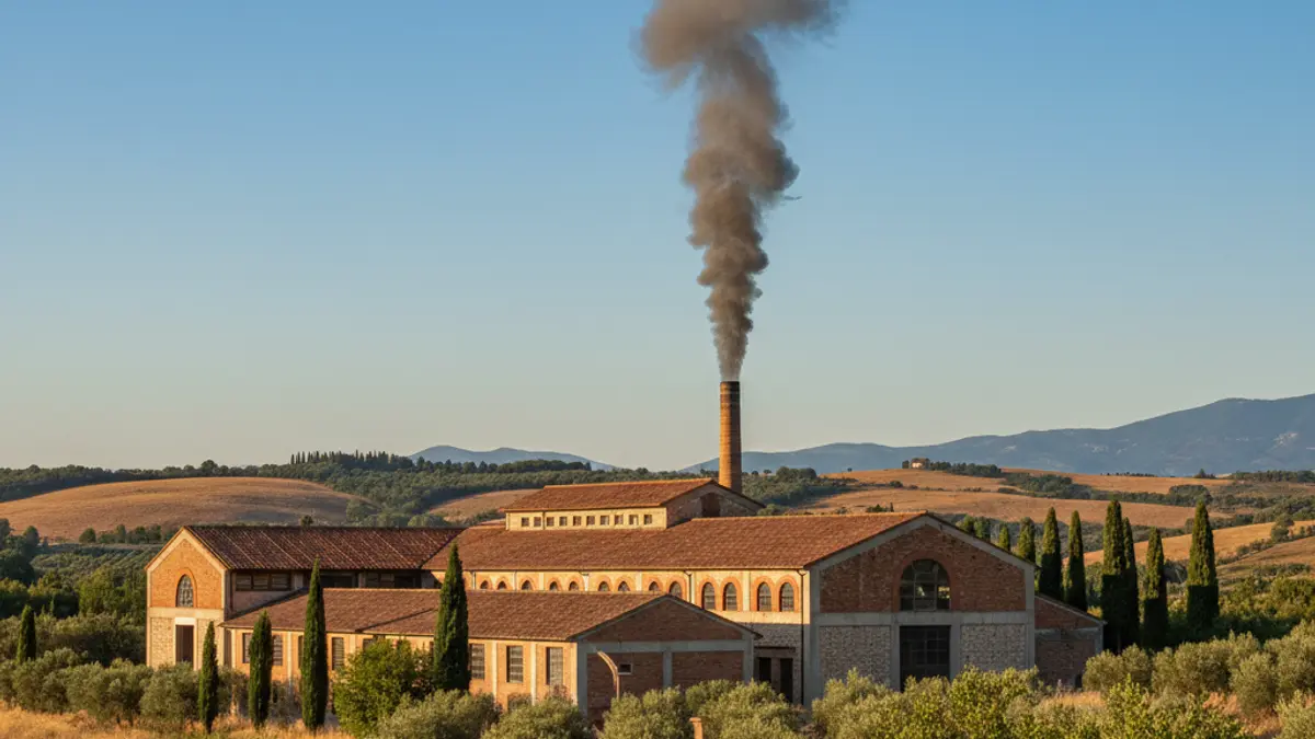Imagen de una columna de humo saliendo de una fábrica de tejas en Agost, con luces de emergencia borrosas en primer plano.