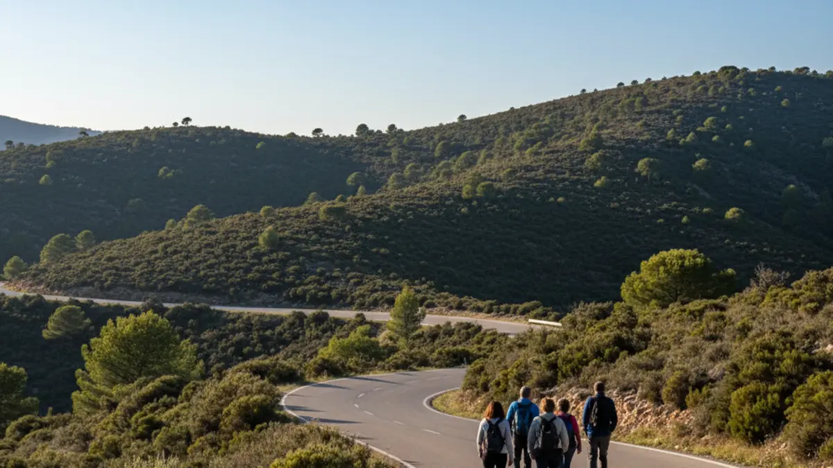 Imatge d'una carretera de muntanya en la Serra d'Aitana, amb persones caminant en la distància i vegetació mediterrània.
