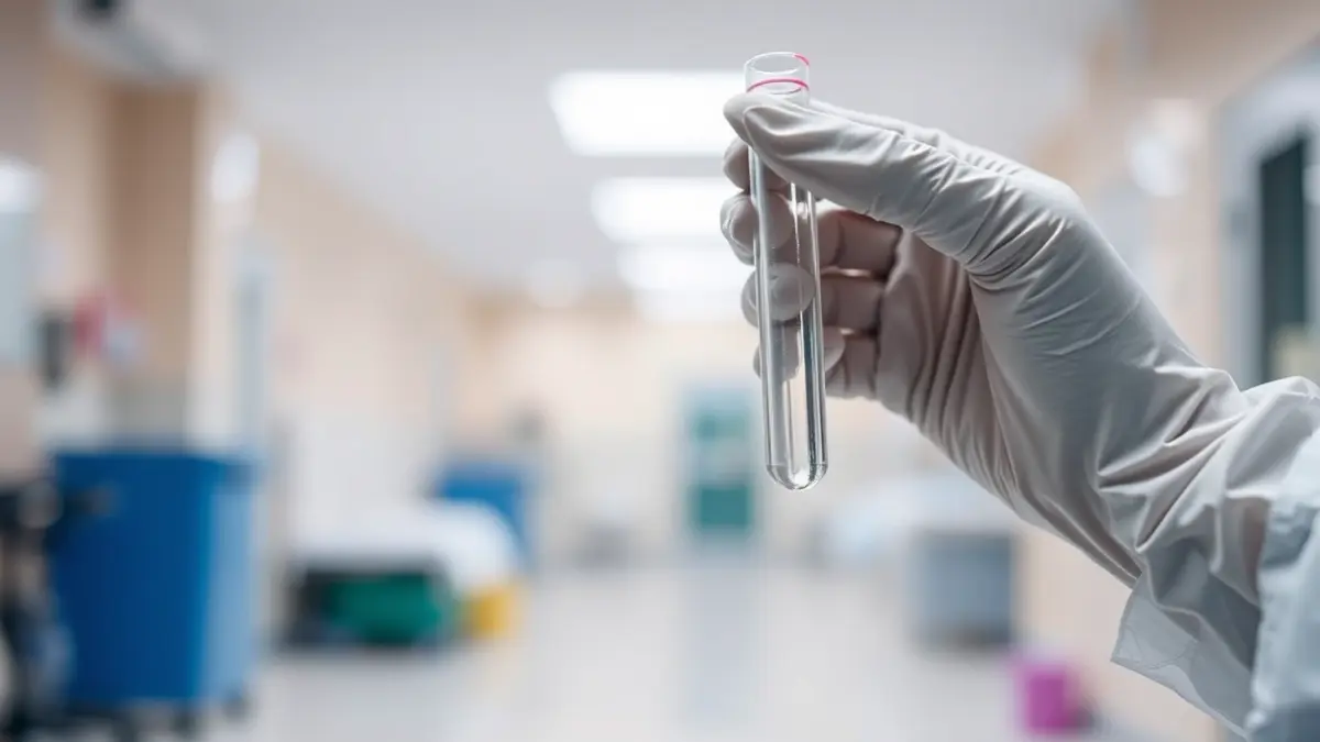 Imagen genérica de manos enguantadas de un profesional médico sosteniendo un tubo de ensayo en un entorno hospitalario.
