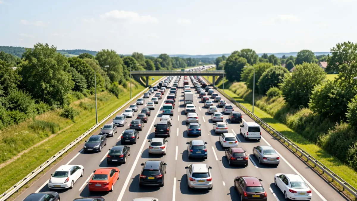 Imatge genèrica de trànsit amb cotxes en cua en una autopista.