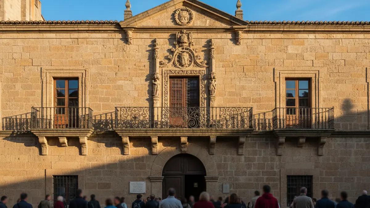 Imagen genérica de la fachada de un ayuntamiento con balcón y barandillas de hierro, bañada por la luz del sol de la tarde.