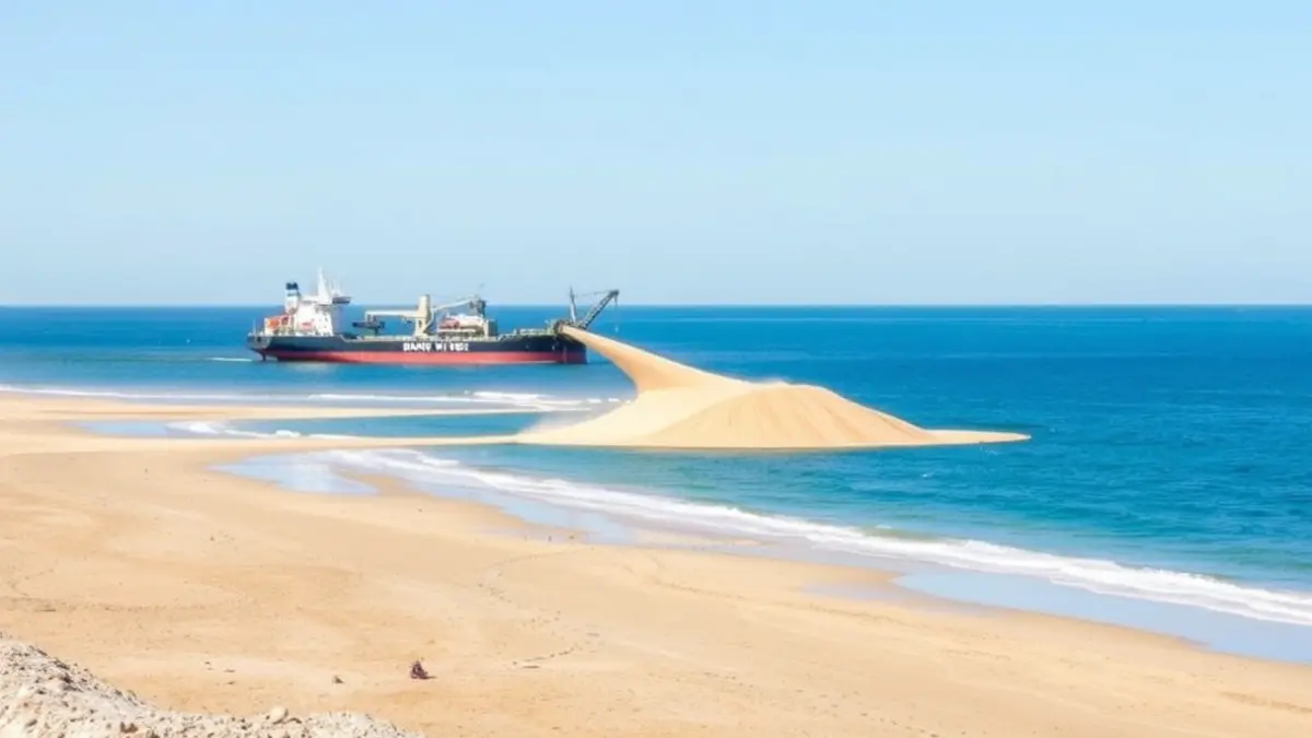 Image of a large dredging ship, the Bonny River, working on beach regeneration in Cullera, pumping sand from the seabed to the coast.