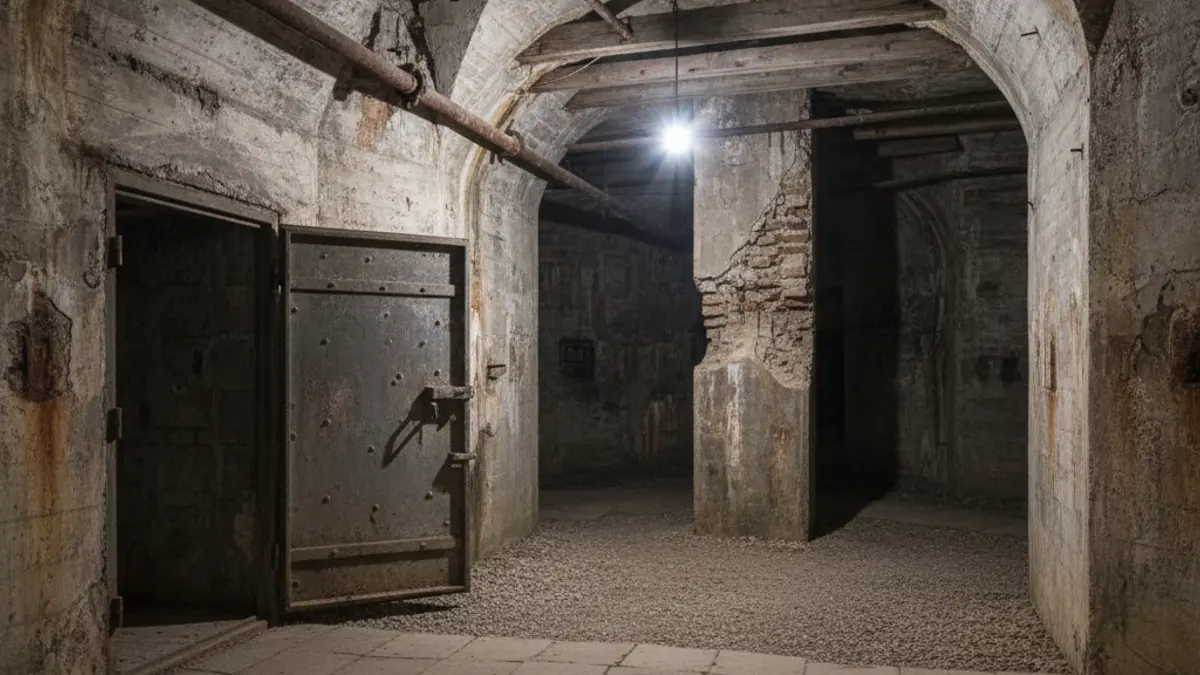 Imagen del interior de un refugio antiaéreo restaurado con iluminación tenue.