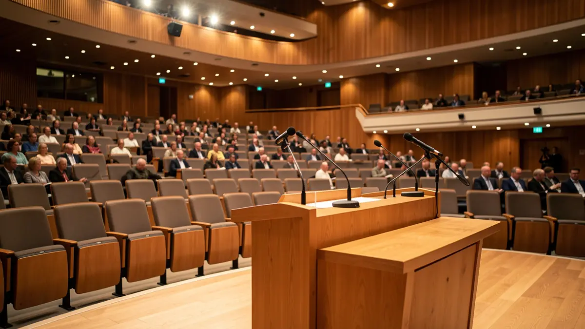 Imatge genèrica d'un auditori amb micròfons i cadires buides, preparat per a un debat.