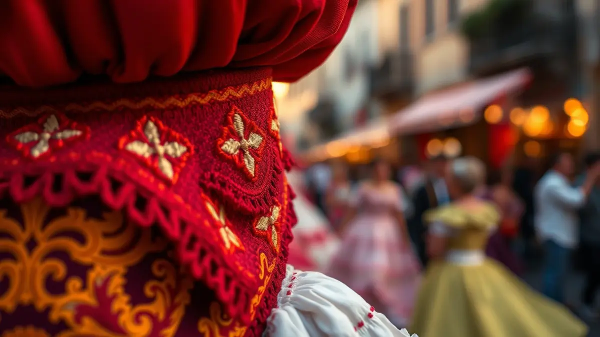 Imatge d'un detall d'un vestit de fallera, amb teles riques i brodats, en un ambient festiu.