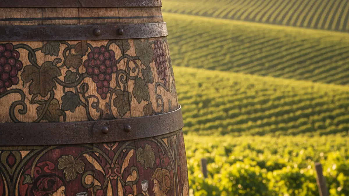Imagen de una barrica de vino con una intervención artística, en un ambiente de bodega.