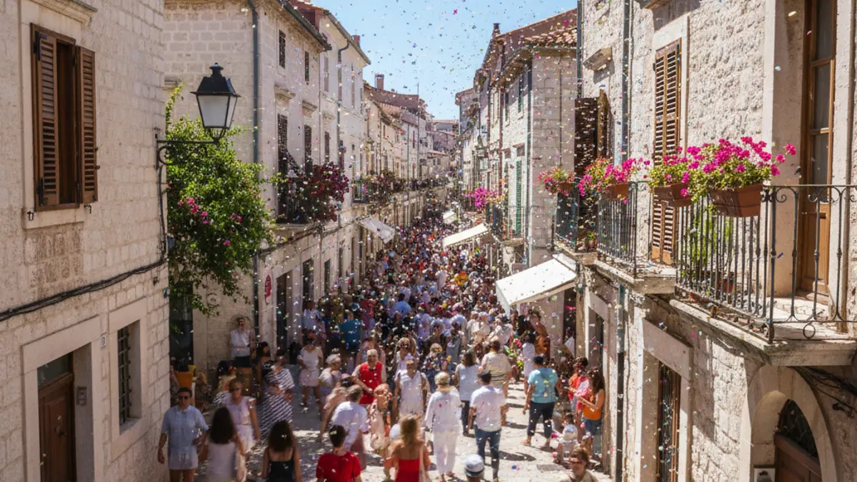 Imagen genérica de una multitud en una calle festiva de una ciudad mediterránea, con banderas de colores y un ambiente de celebración.
