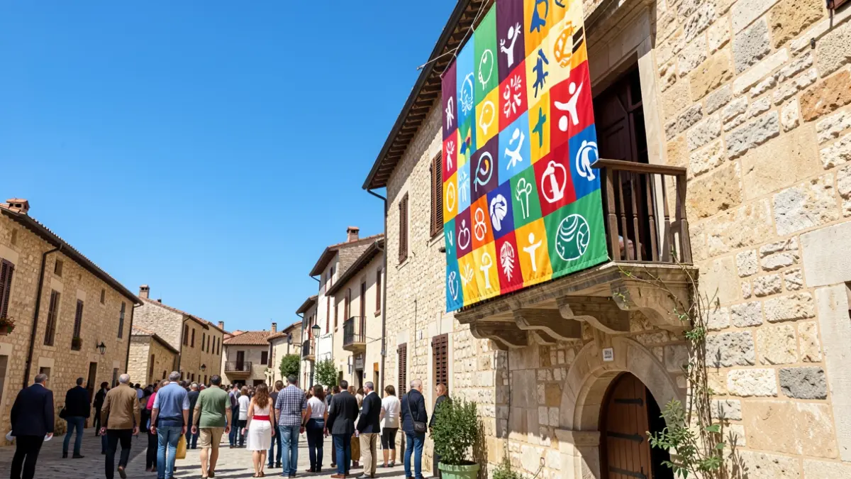 Banner with diversity colors hanging on the facade of the Dénia City Hall.