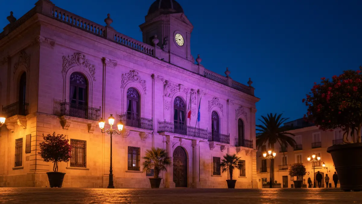 Town hall facade illuminated with purple light at night, in support of fibromyalgia awareness.