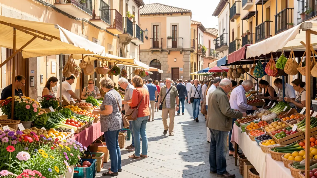Imagen genérica de una feria de productos locales en una plaza mediterránea.