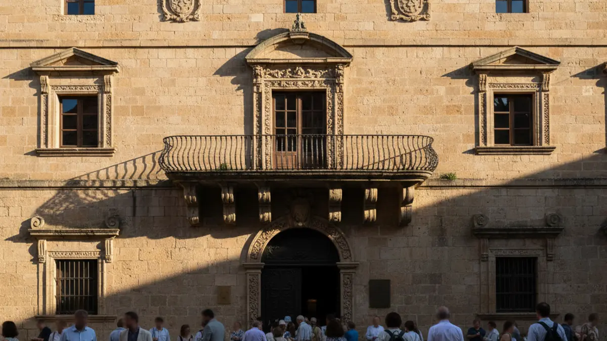 Facade of Dénia's town hall with balconies and iron railings, bathed in afternoon sunlight.