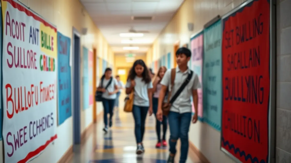 Image of a school hallway with anti-bullying messages on the walls.