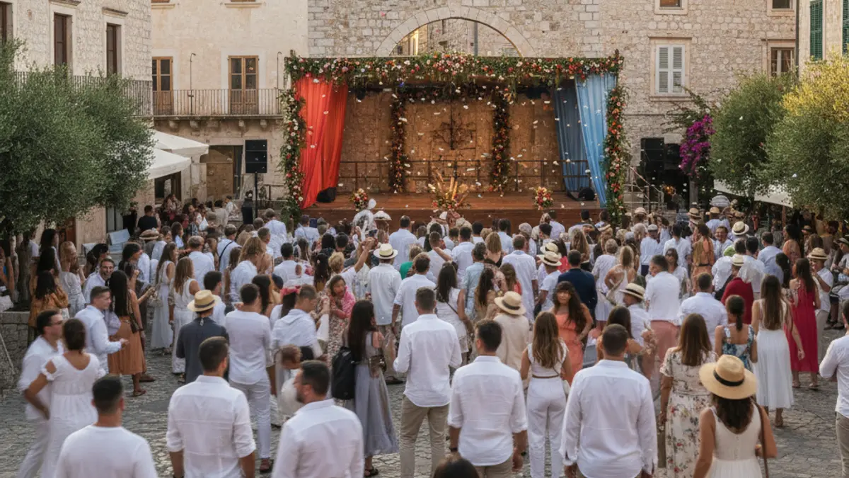 Imatge d'una trobada festiva en una plaça, amb gent i activitats culturals.