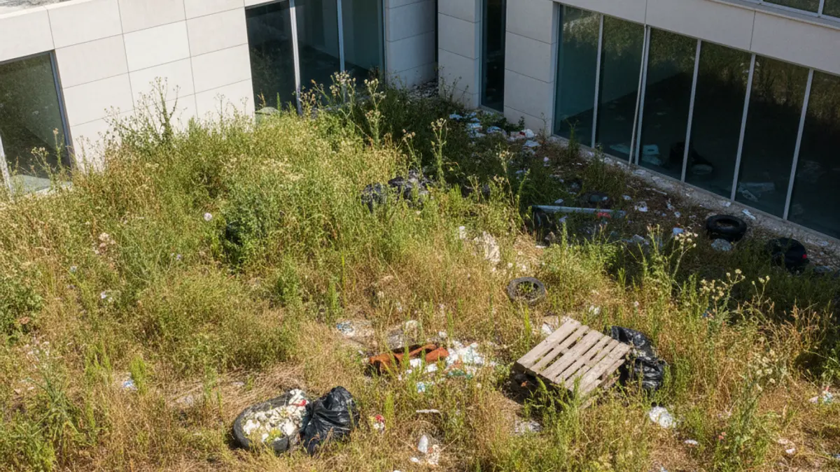 Imagen de un solar urbano abandonado con basura y maleza en una ciudad mediterránea.