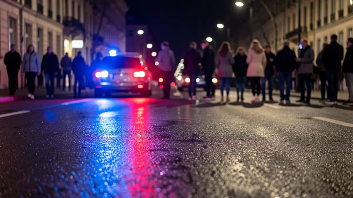 Imatge genèrica de llums d'emergència policials reflectint-se en asfalt mullat.