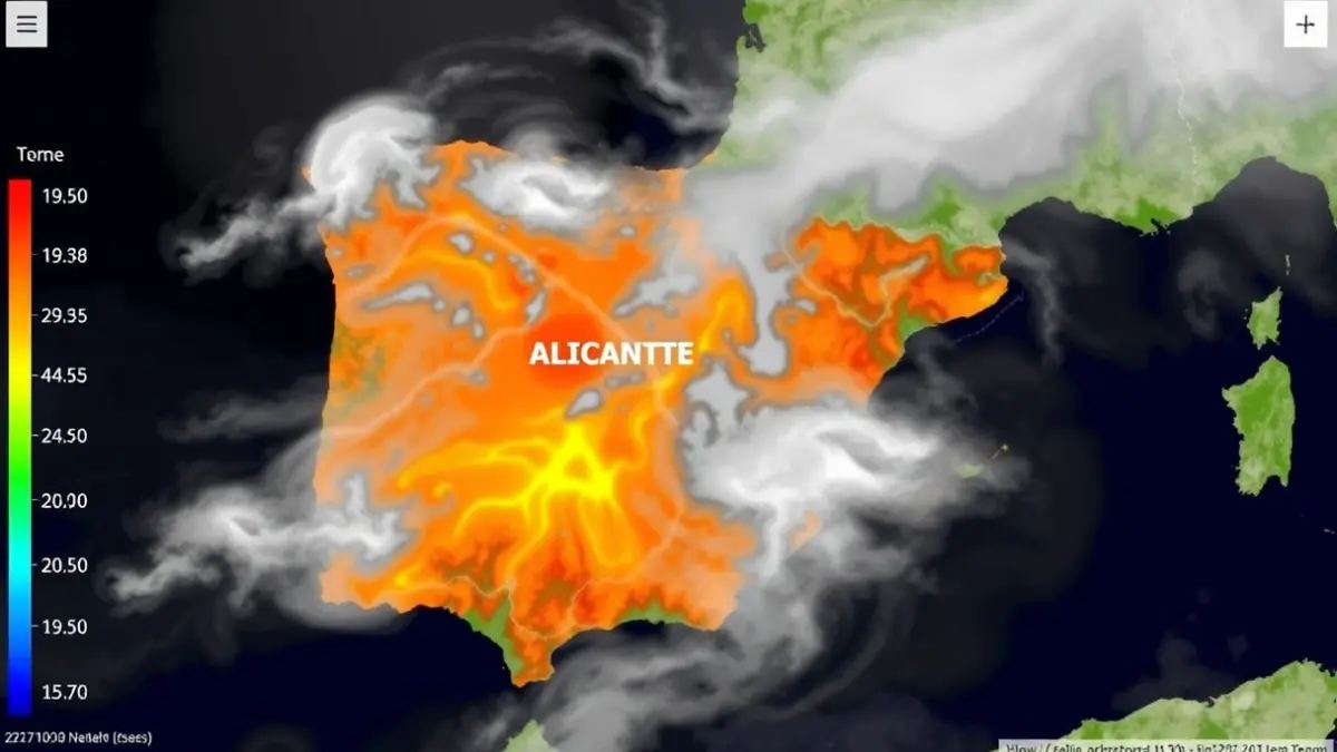 Generic image of a weather map showing temperatures and clouds over the Valencian Community, focused on Alicante province.