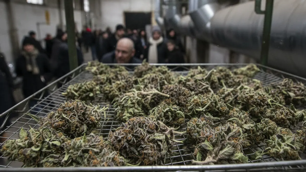 Imagen de cogollos de marihuana secándose en un secadero industrial, con equipo de ventilación desenfocado al fondo.