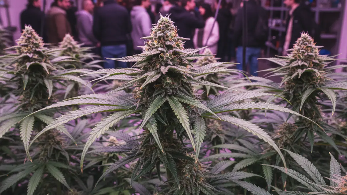 Imatge genèrica de plantes de marihuana en un cultiu interior, amb llums artificials.