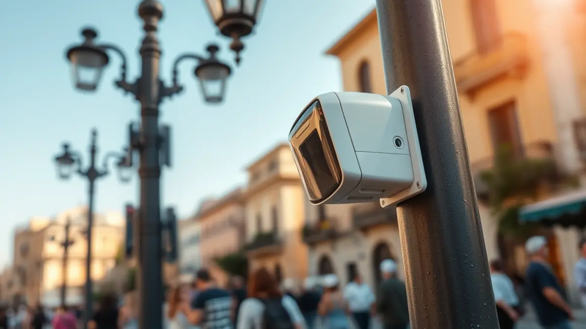 Imatge genèrica d'un sensor modern instal·lat en un fanal en una ciutat mediterrània, amb persones i edificis difuminats al fons.