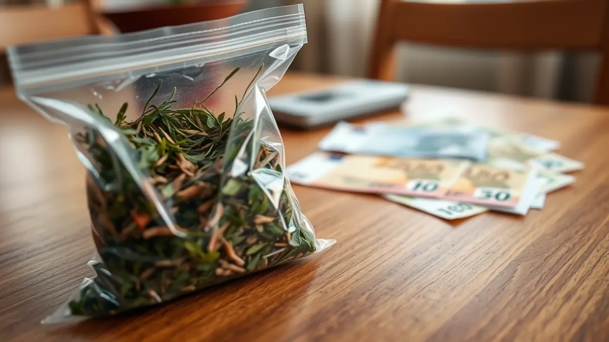 Imatge genèrica de drogues confiscades, diners en efectiu i una balança de precisió.