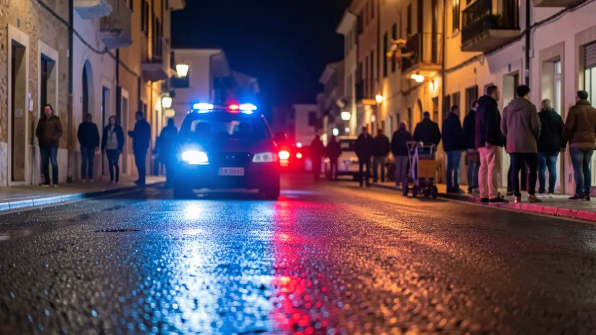 Imatge genèrica de llums d'emergència policials reflectint-se en asfalt mullat de nit.
