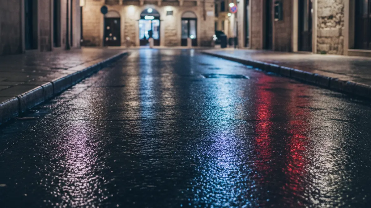 Imagen genérica de luces de emergencia reflejándose en el asfalto mojado de noche, sin vehículos visibles.