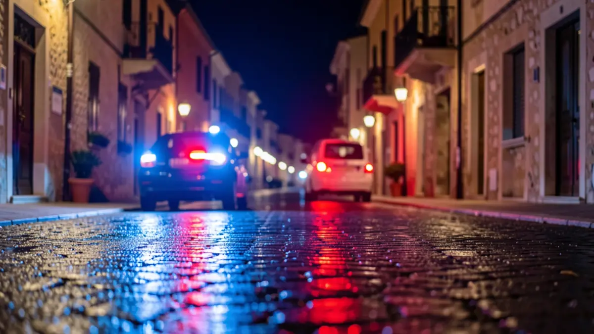 Imagen genérica de luces de emergencia policial reflejadas en el asfalto durante la noche.