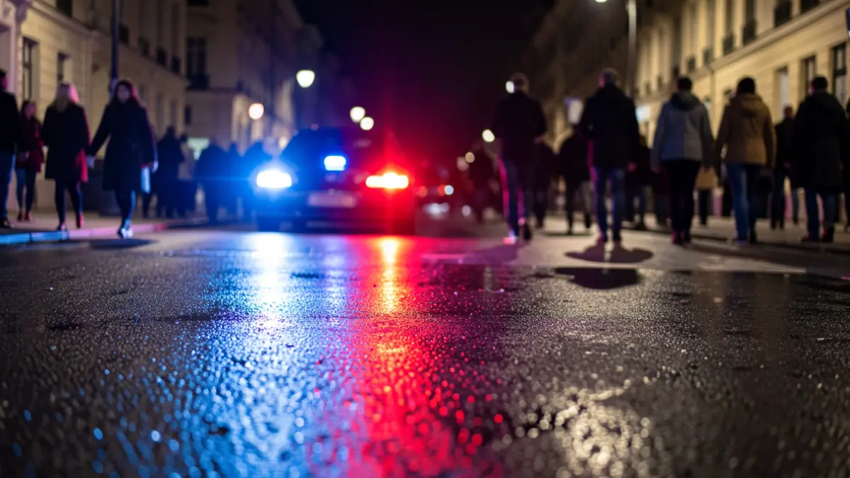 Imatge genèrica de llums d'emergència policials reflectint-se en asfalt mullat a la nit.