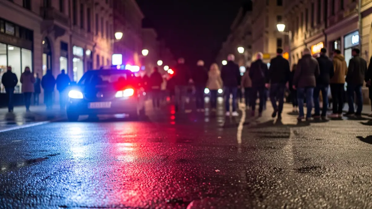 Imatge genèrica de llums d'emergència policials reflectint-se en asfalt mullat.