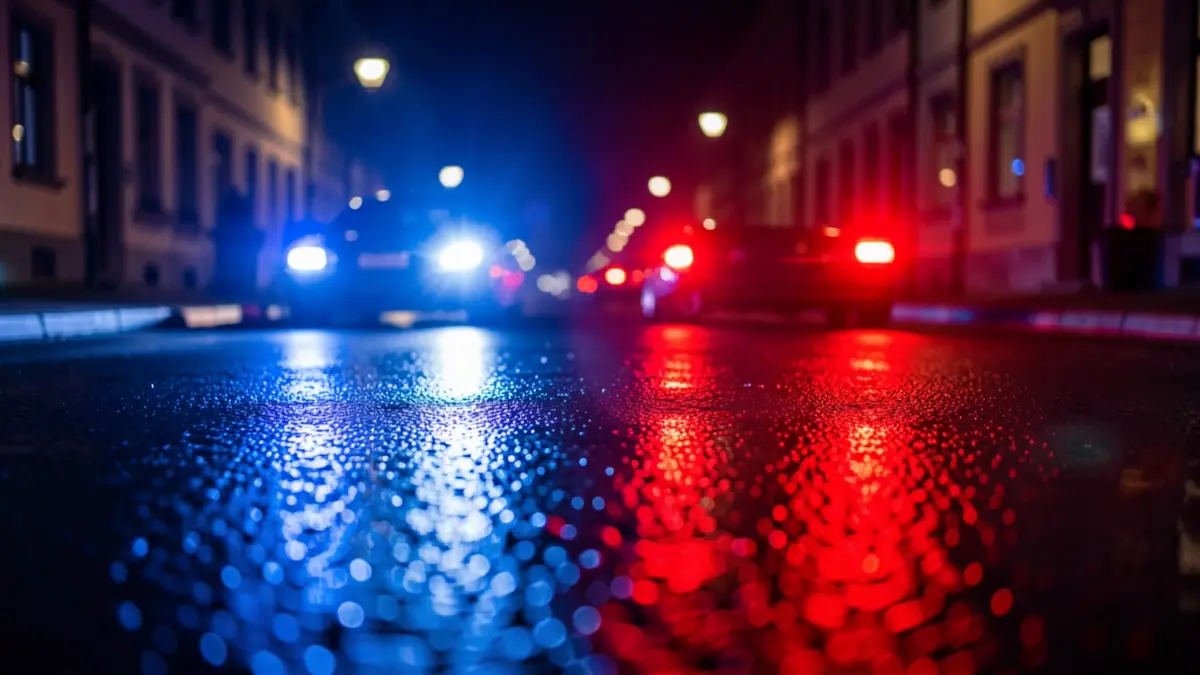 Imagen genérica de luces de emergencia policial reflejadas en el asfalto durante la noche.