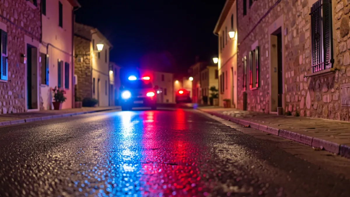 Imagen genérica de luces de emergencia policiales reflejándose en asfalto mojado.