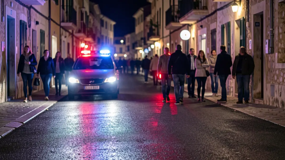 Imatge genèrica de llums d'emergència policials reflectint-se en asfalt mullat de nit.