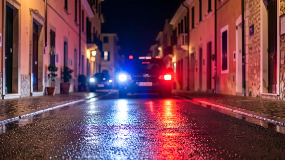 Generic image of police emergency lights reflected on asphalt at night.