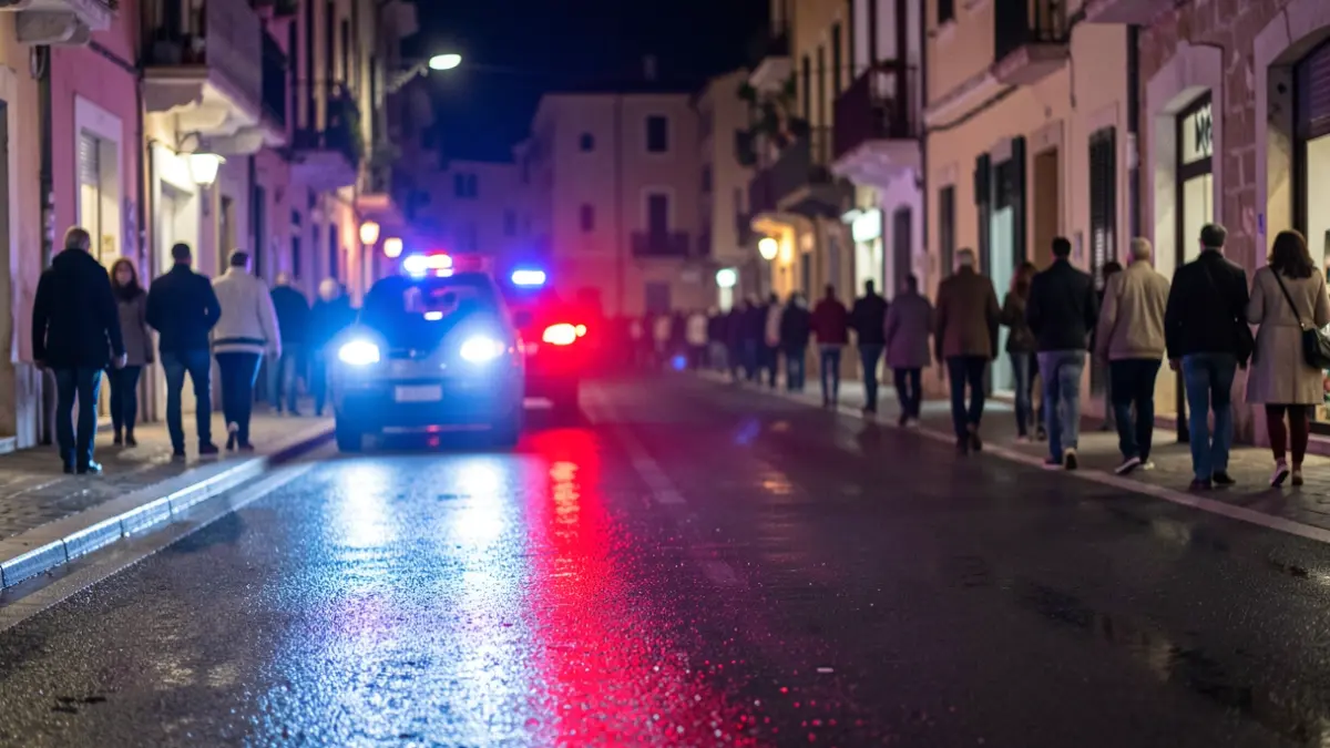 Imatge genèrica de llums d'emergència policials reflectint-se en asfalt mullat.