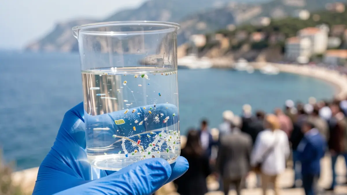 Imatge genèrica de microplàstics en una mostra d'aigua amb la costa al fons.