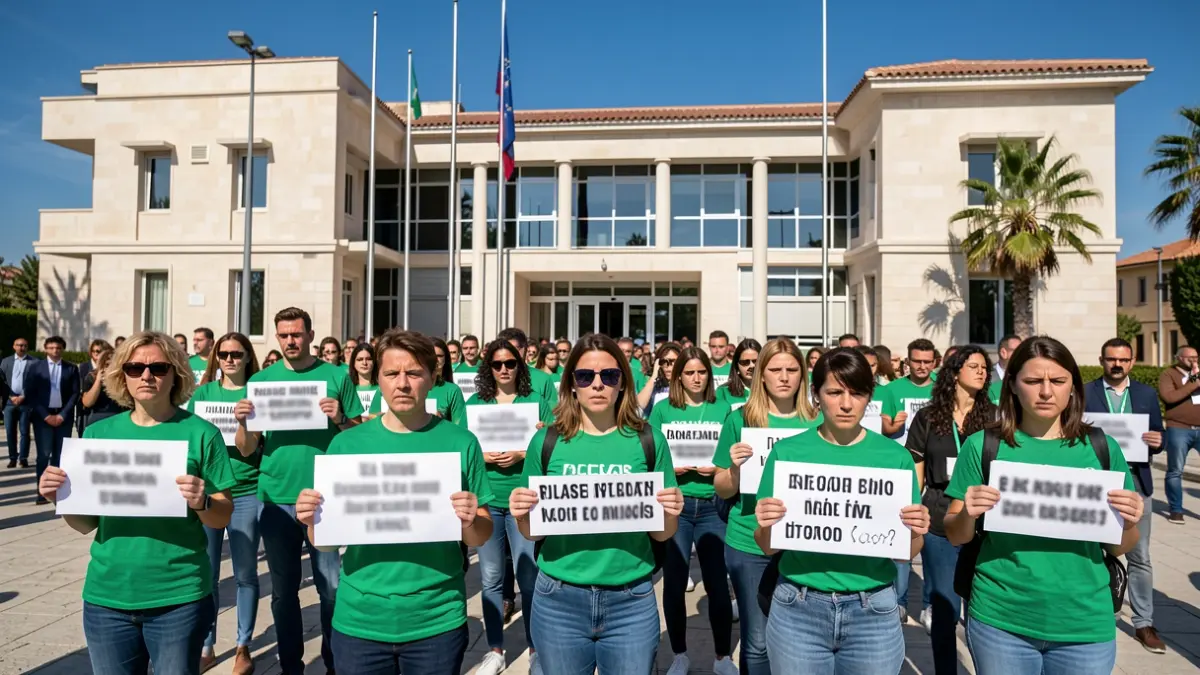 Imatge genèrica de docents manifestant-se davant d'un edifici oficial amb pancartes reivindicatives.
