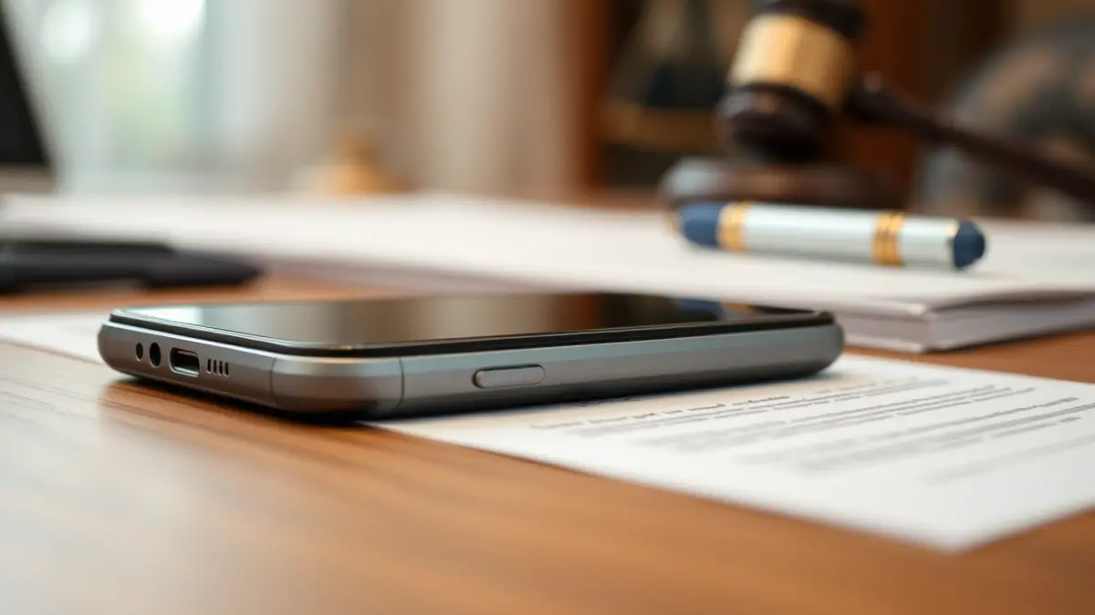 Generic image of a smartphone on a desk, with blurred legal documents in the background.